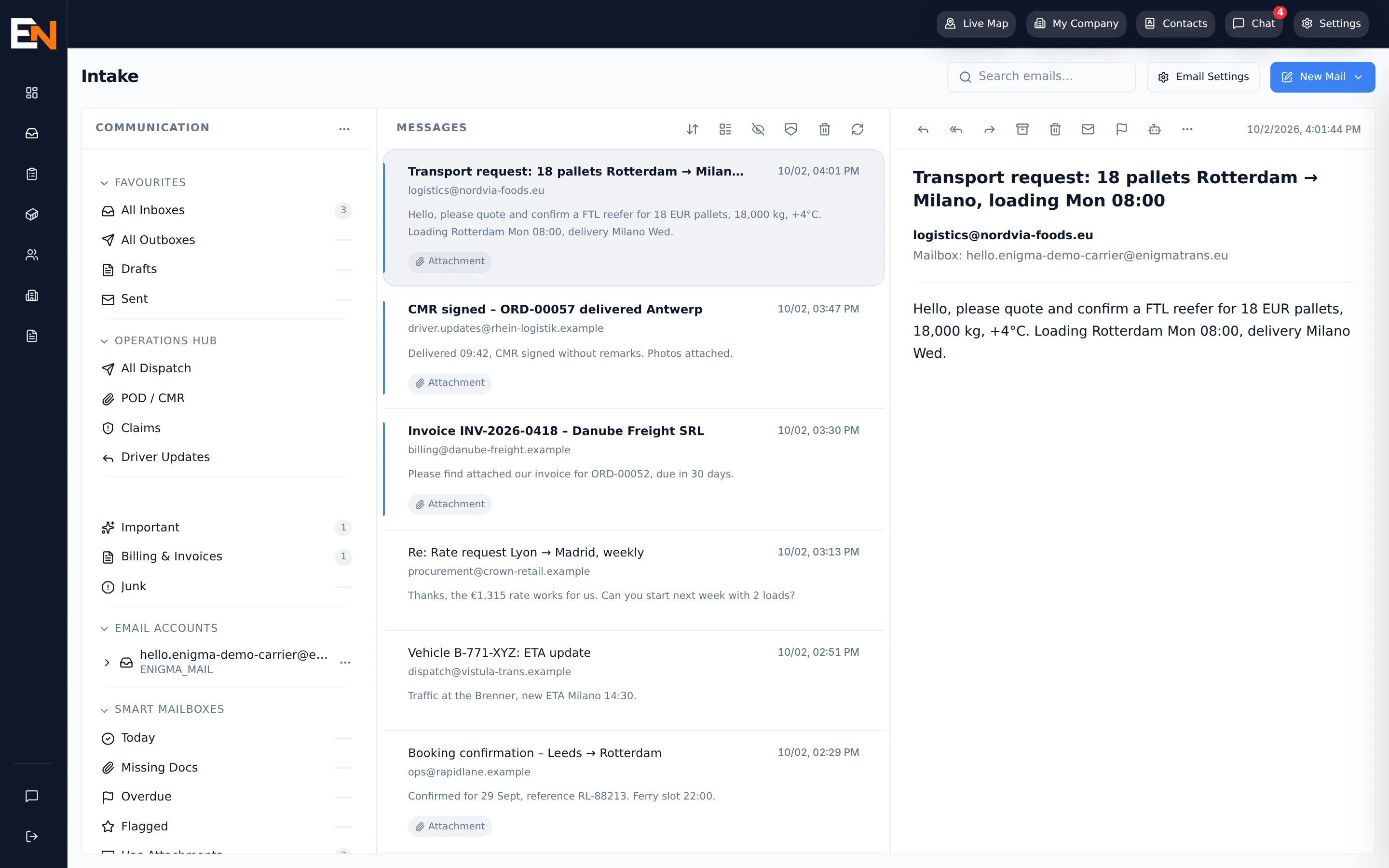 Intake — transport requests, CMRs and invoices in one mailbox
