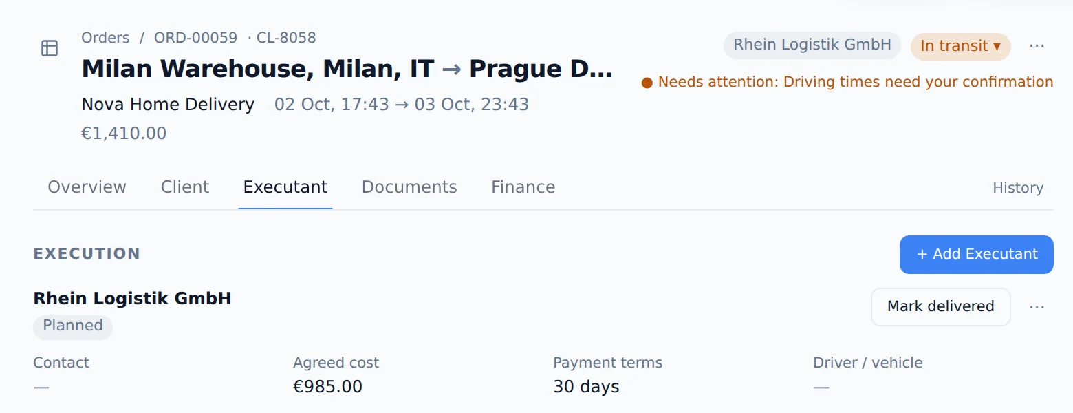 Order workspace — the carrier assigned to an order with its agreed cost
