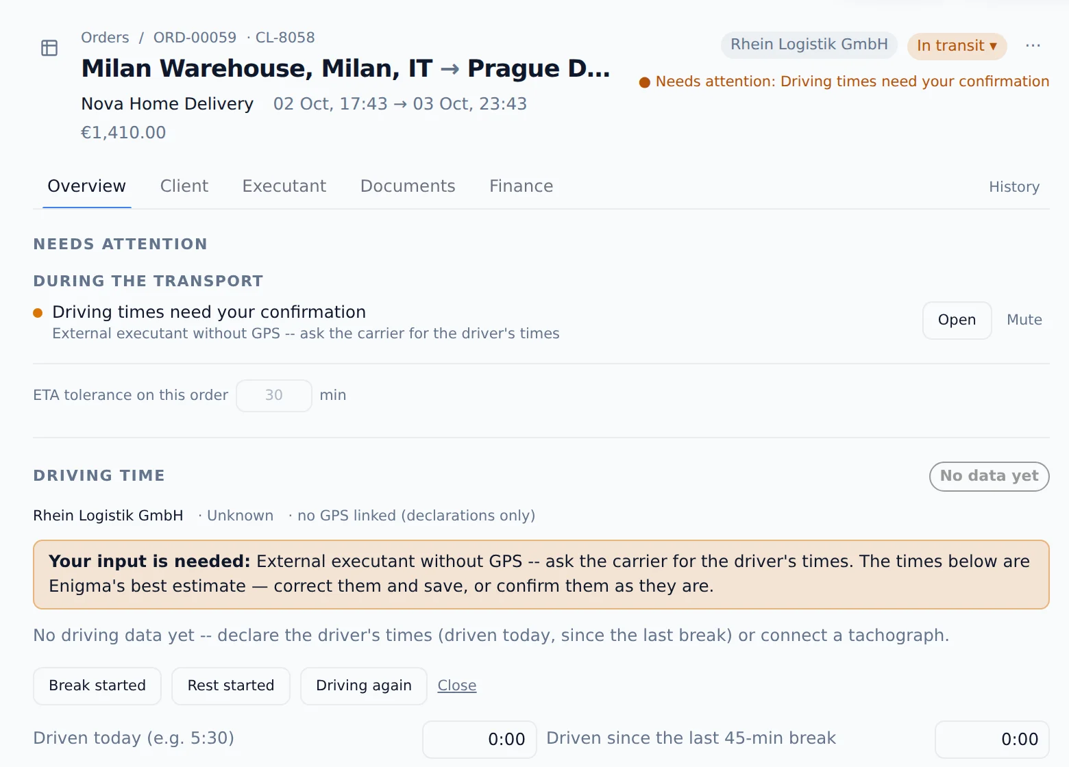 Order workspace — driving time checked against EU 561/2006
