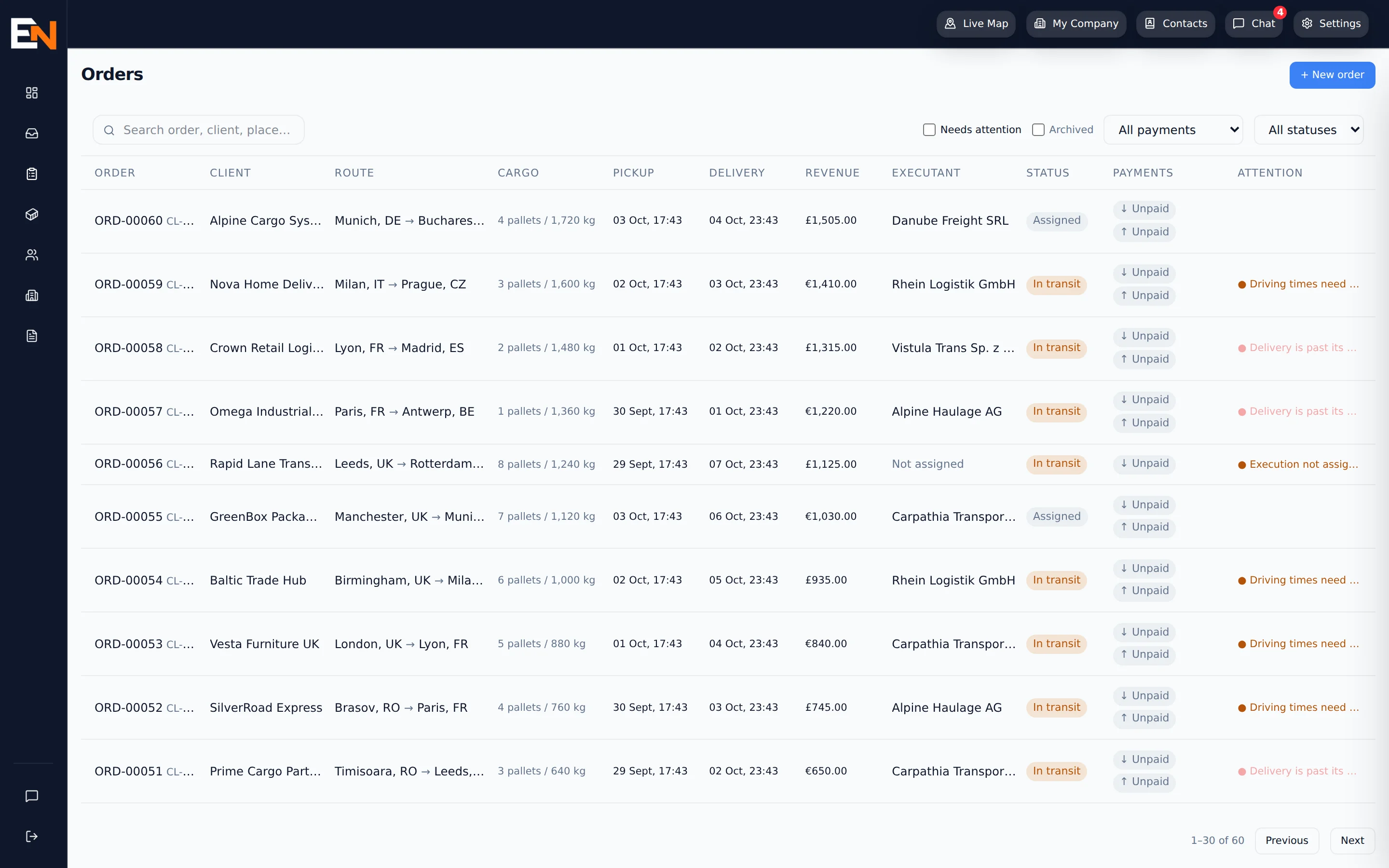 Enigma OS — the Orders list with clients, routes, carriers, status and payments